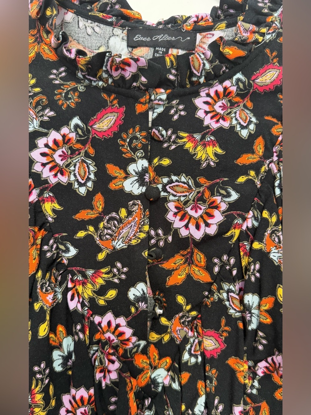 Long Sleeve Floral Ruffle Dress - Black with Pink & Orange Floral - Picture 6 of 11
